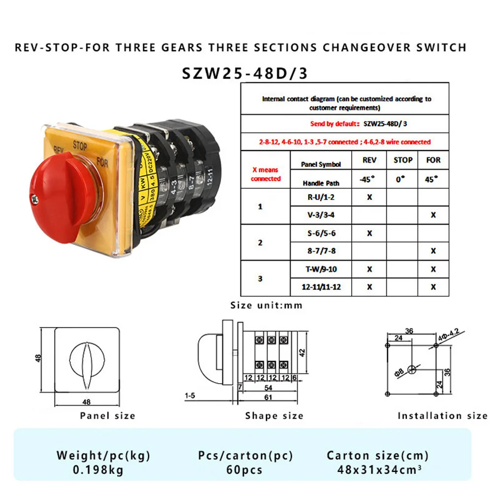 For Milling Machines Changeover Switch Rated Insulation 500V Impulse Withstand 2.5kV Conventional Heating Current 25A
