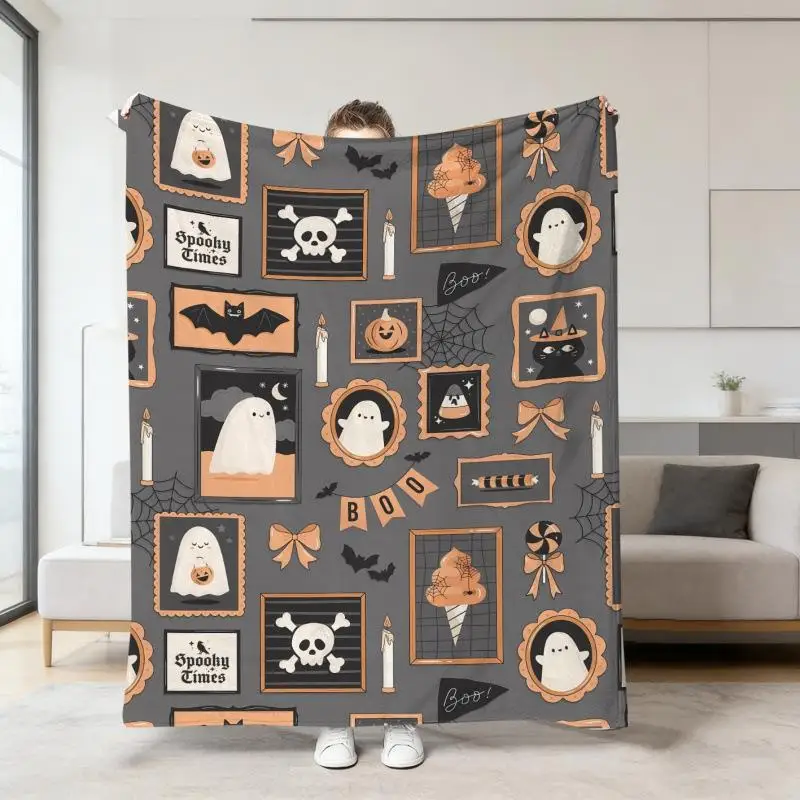 Halloween-Orange-Deckenbezug mit Cartoon-Geister- und Totenkopf-Druck, Flanell-Schlafdecke, Sofabezüge, Multifunktionale Dekorative Decken – Detail 11