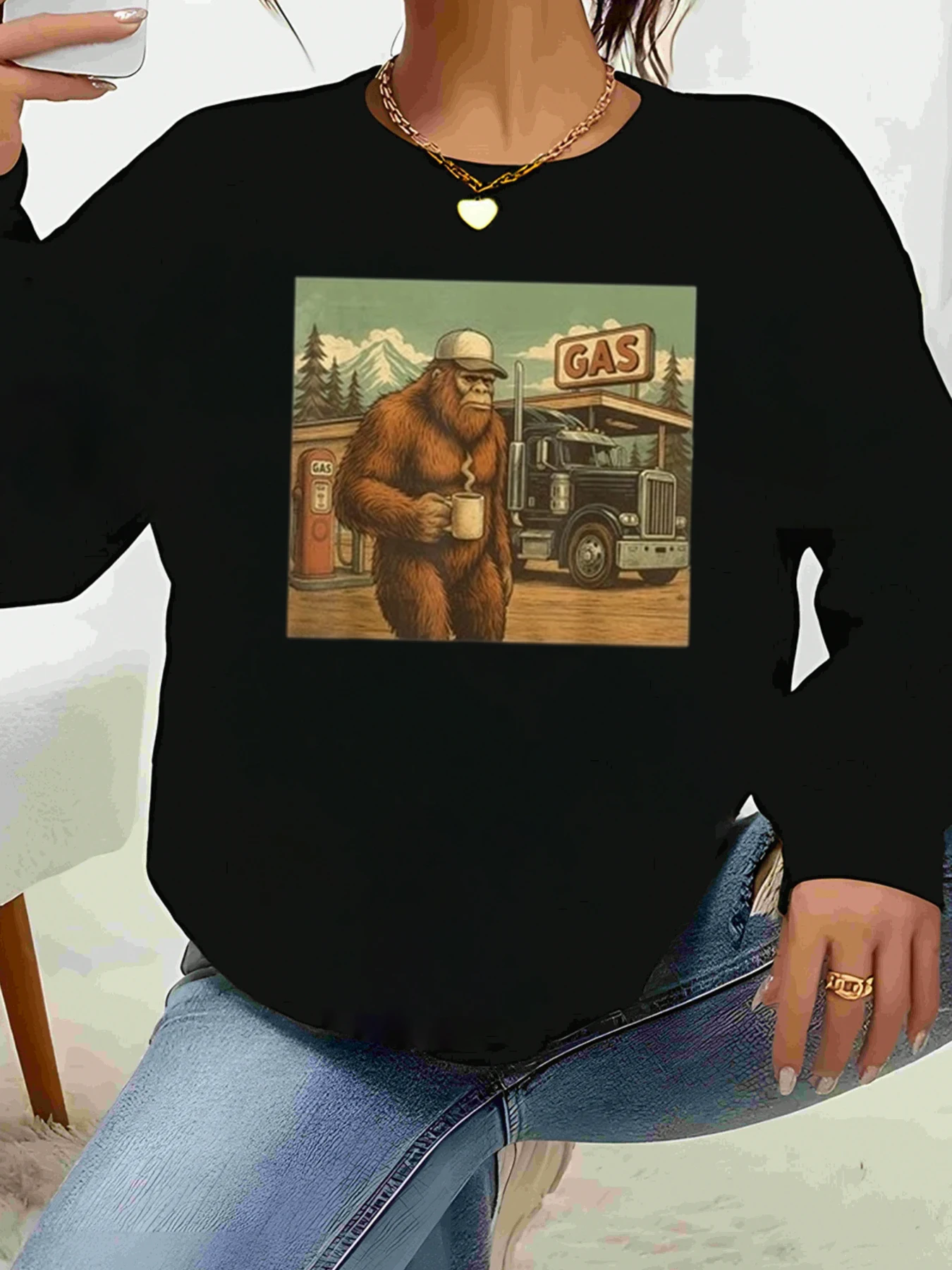

Bigfoot Holding Coffee at Gas Station Print Long Sleeve T-Shirt Halloween Casual Wear Women