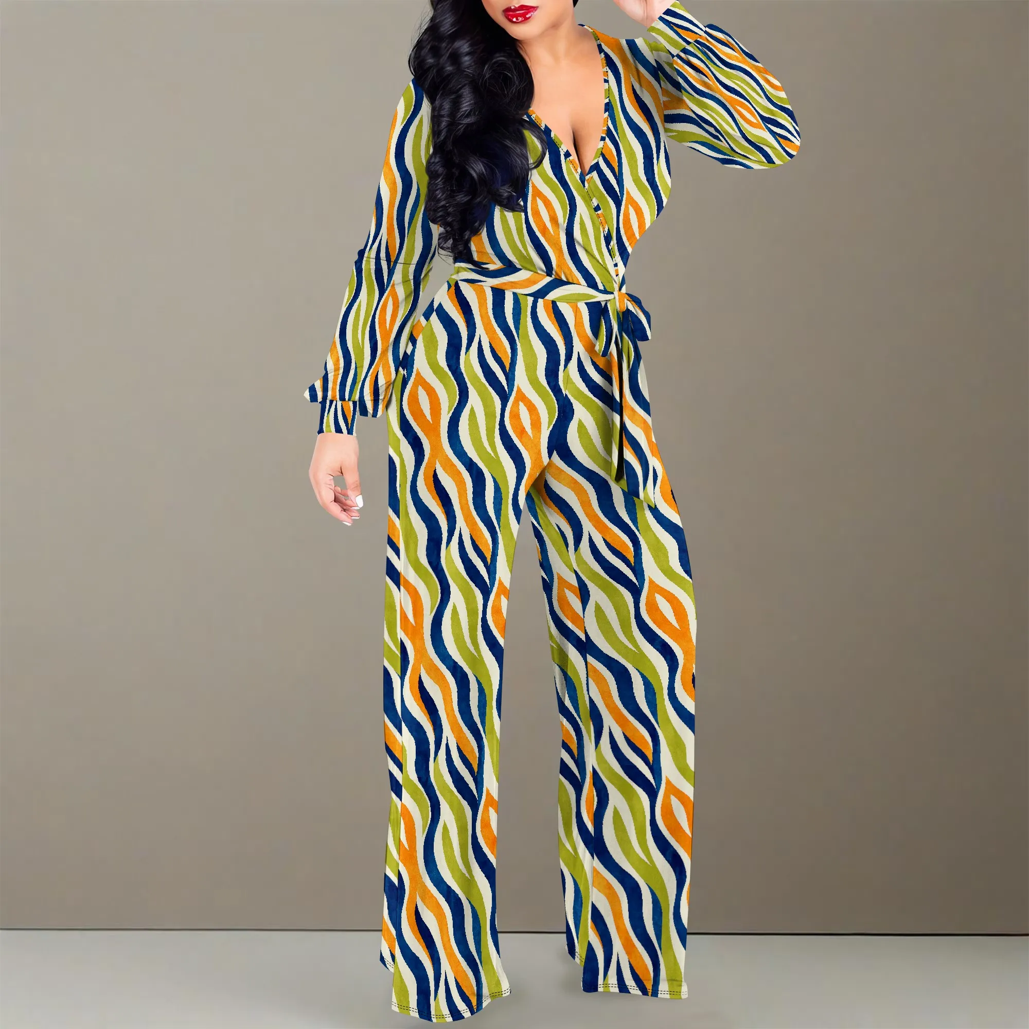 女性の夏の花柄ワイドレッグジャンプスーツカジュアルビーチロンパースロングパンツ