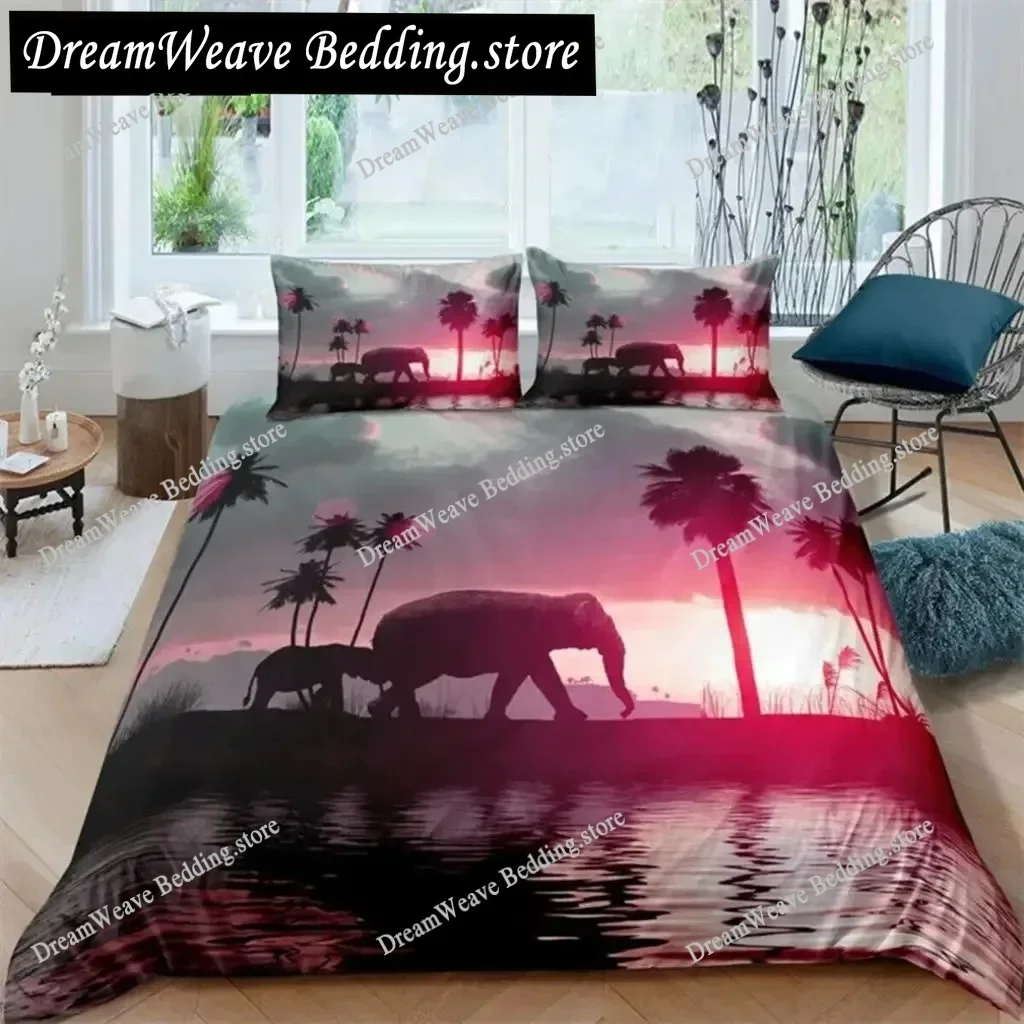Tropical Animals Duvet Cover Exotic Animal Silhouette Sunset Bedding Set Full for Girls Boys Decor Hawaii Sea Wave Quilt Cover