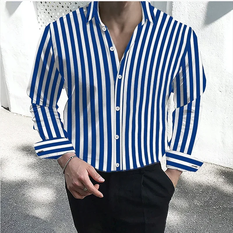 Men\'s formal casual shirt button lapel shirt black and white red long sleeve striped lapel shirt large size XS-6XL