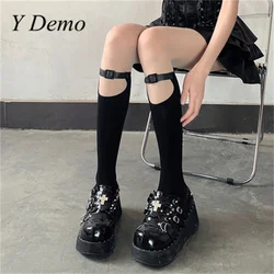Y Demo Techwear Women Stretchy Thin Middle Tube Socks With Leather Buckles