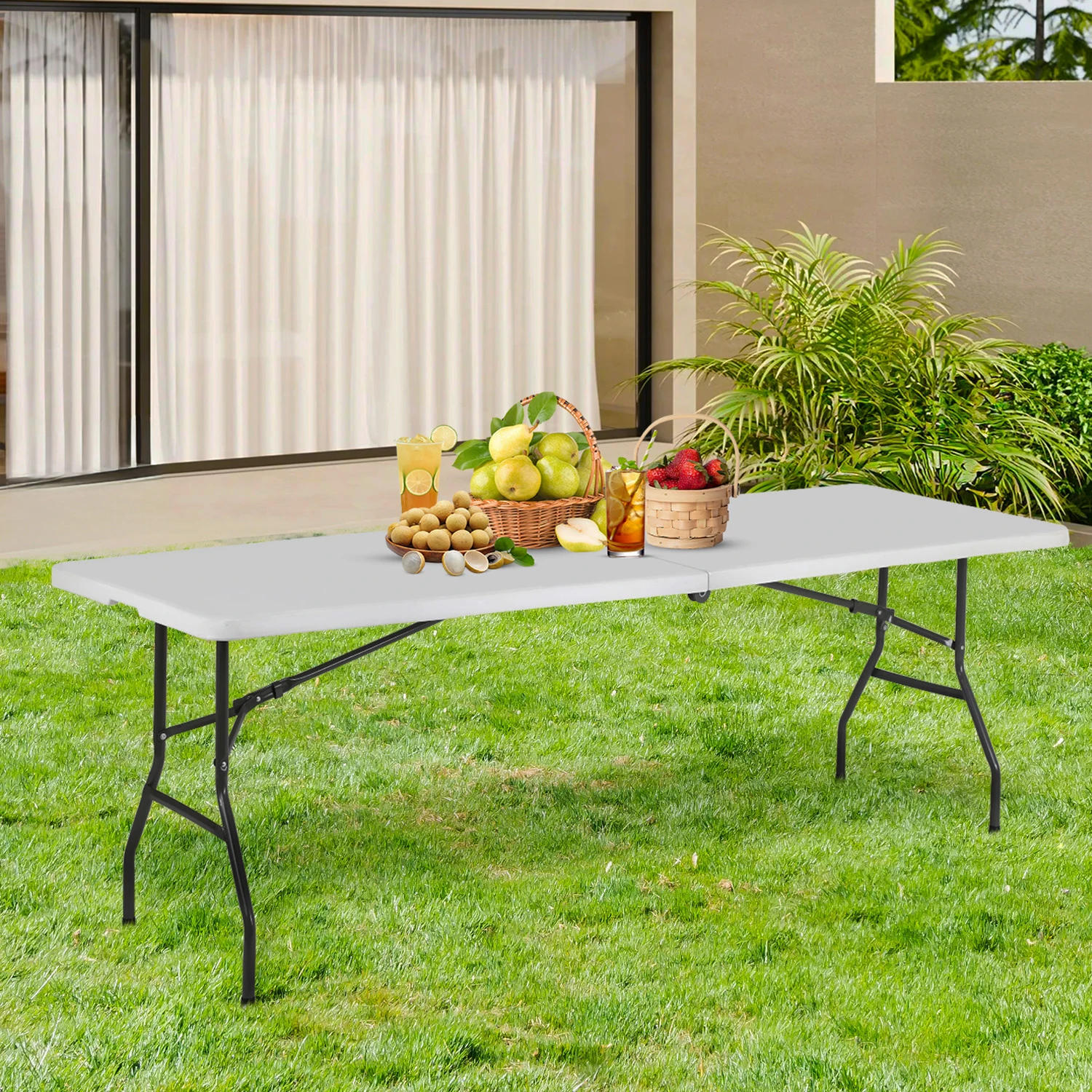 

Стол для пикника на открытом воздухе, 6 футов, складной портативный прямоугольный пластиковый обеденный стол со встроенной ручкой для переноски для вечеринок и кемпинга