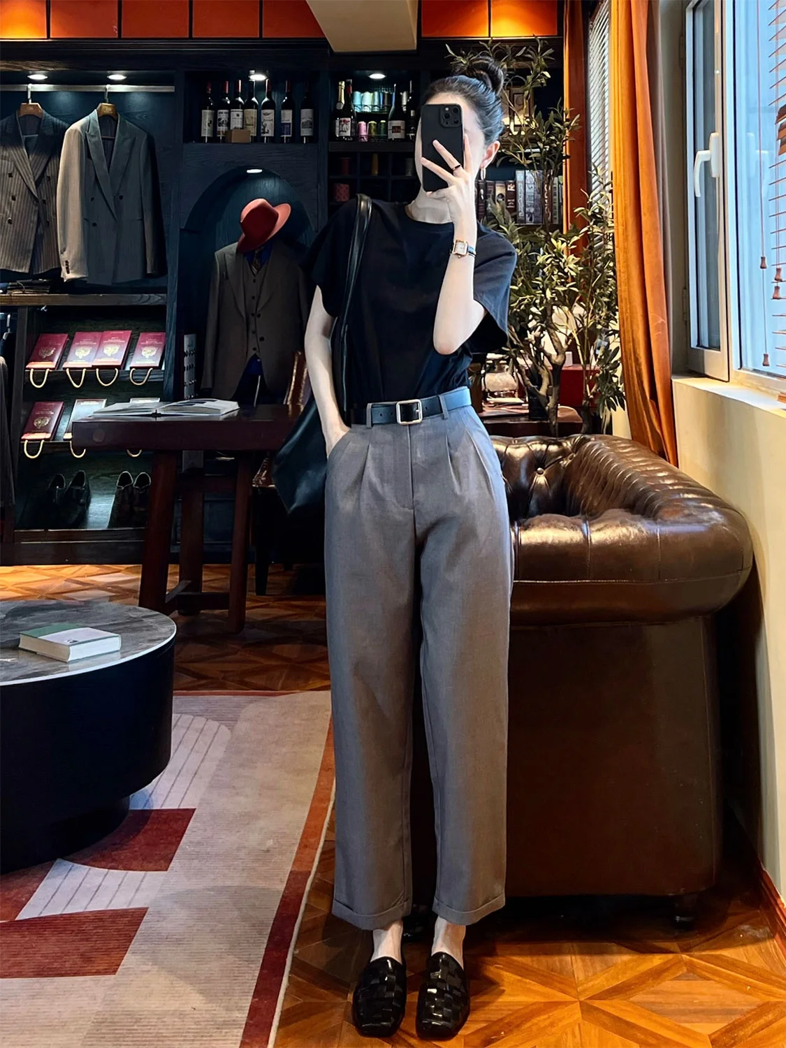 Calças de Cintura Alta Afuniladas Femininas, Leggings de Comprimento 7/8, Design Clássico Simples, Calças de Terno para Negócios