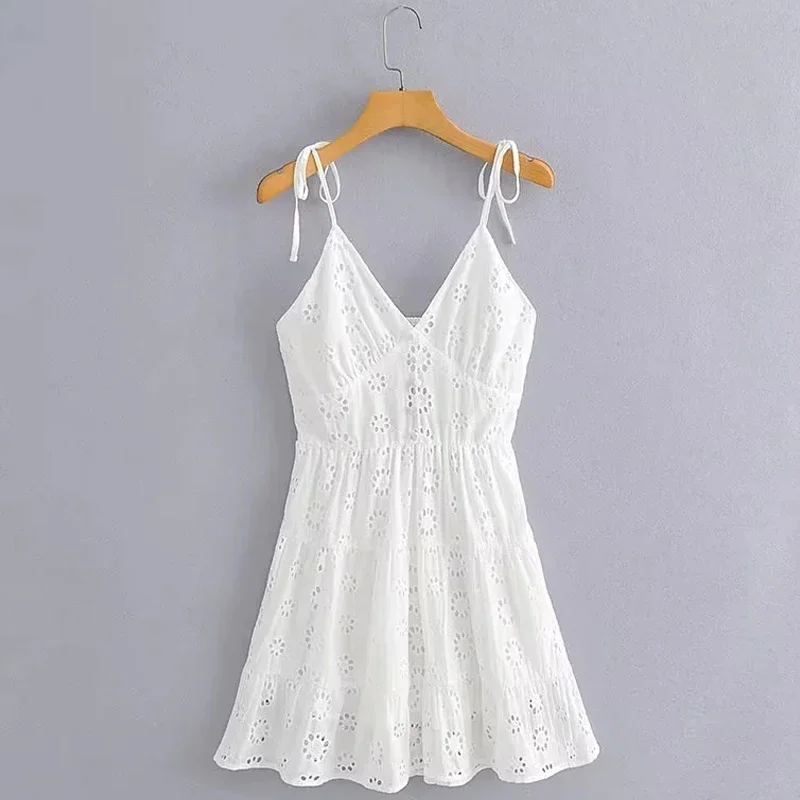 TRAF Embroidered Cutwork Dress Fashion Summer Dresses 2024 Mini White V-Neck Strappy Sleeve Slip Dress Women Elegant Party Dress