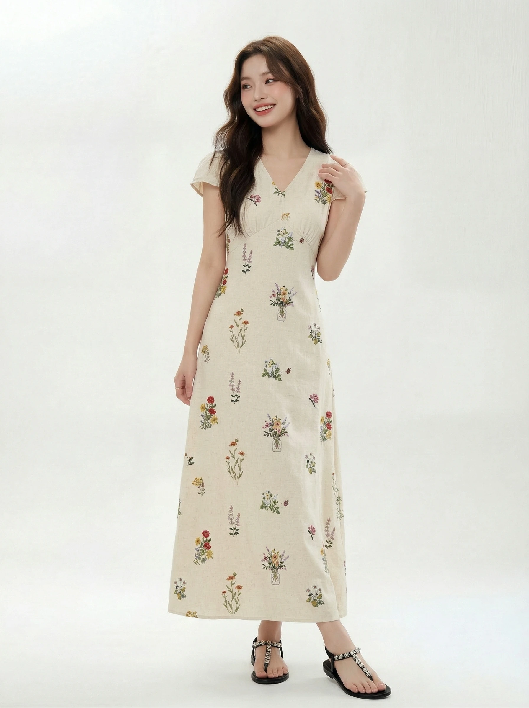

Summer Long Dress Women's Embroidered Waist Cinching V-neck Linen Dress French Style Casual Wear Tourist High Waist A-line Skirt