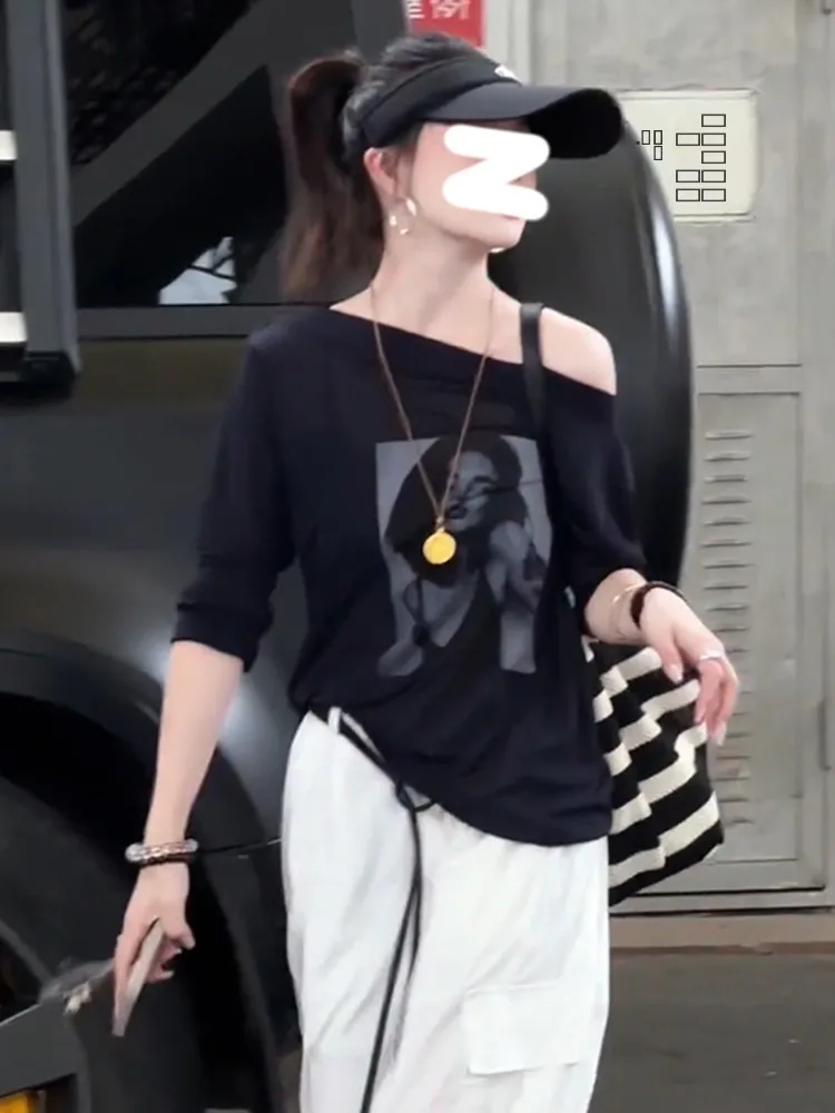 Camiseta Solta de Manga Longa com Estampa para Mulheres, Nova Camiseta Casual Ultra Solta de Verão com Proteção Solar e Design Fashion