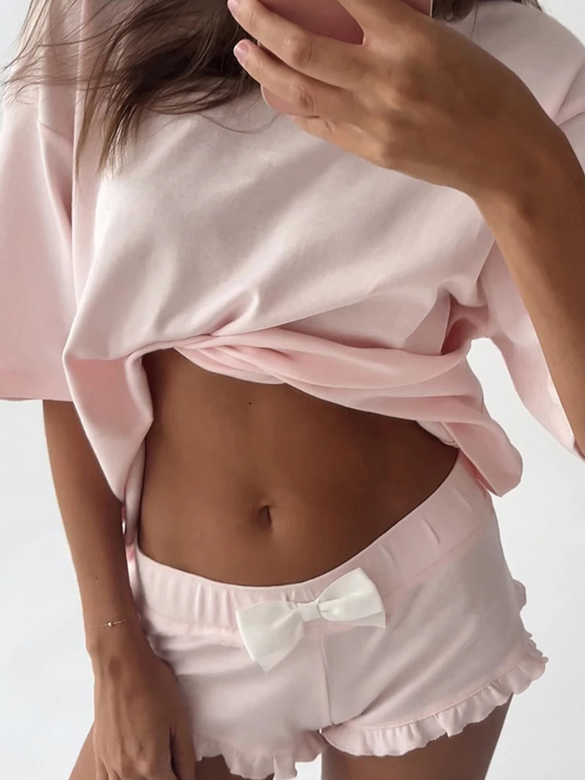 Marthaqiqi Summer Pink Ladies Nightgowns 2 Piece Suit Half Sleeve Nightwear O-Neck Pajamas Shorts Casual Home Clothes For Women