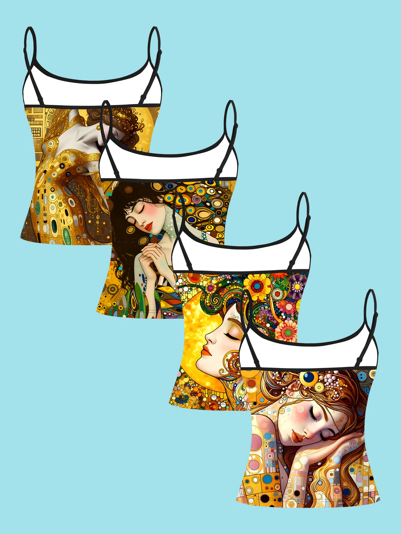 4-Piece Set of Women's Spaghetti Strap Camisoles, Klimt-Style Gold Art Portrait Oil Painting All-Over Print Slim-Fit Sleeveless Tops, Vintage Art Style Outerwear and Innerwear Base Layer Shirts