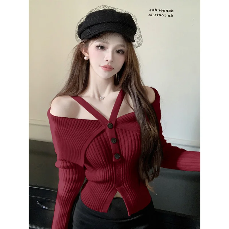 Women's Clothing Sexy Slash Neck Off Shoulder Knitted Tops Spring Autumn New Elastic Slim Solid Sweaters Chic Button Pullovers