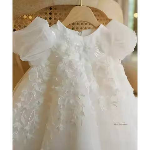 2025 White Dresses BaptismElegant Infant Lace Patchwork Dress for Baby Girls Flower Children Eid FormalWedding Luxury Evening