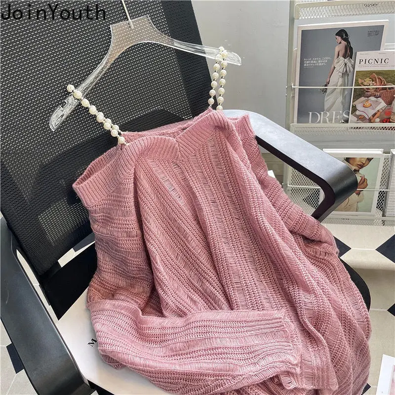 2024 Women Clothing Knit Sweater Off Shoulder Fashion Jumper Pull Femme See Through Thin Casual Pullovers Y2k Tops Sueter Mujer