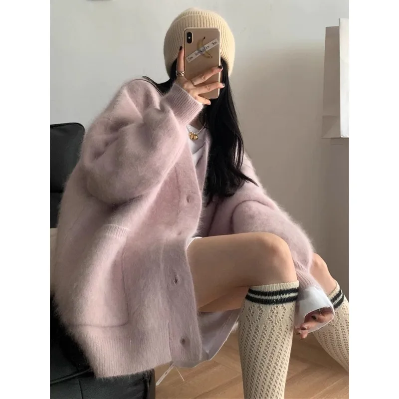 

2025 Autumn Winter New V-neck Women's Sweater Cardigan Thick Knitted Coats Female Loose Pockets Jackets Women's Clothing