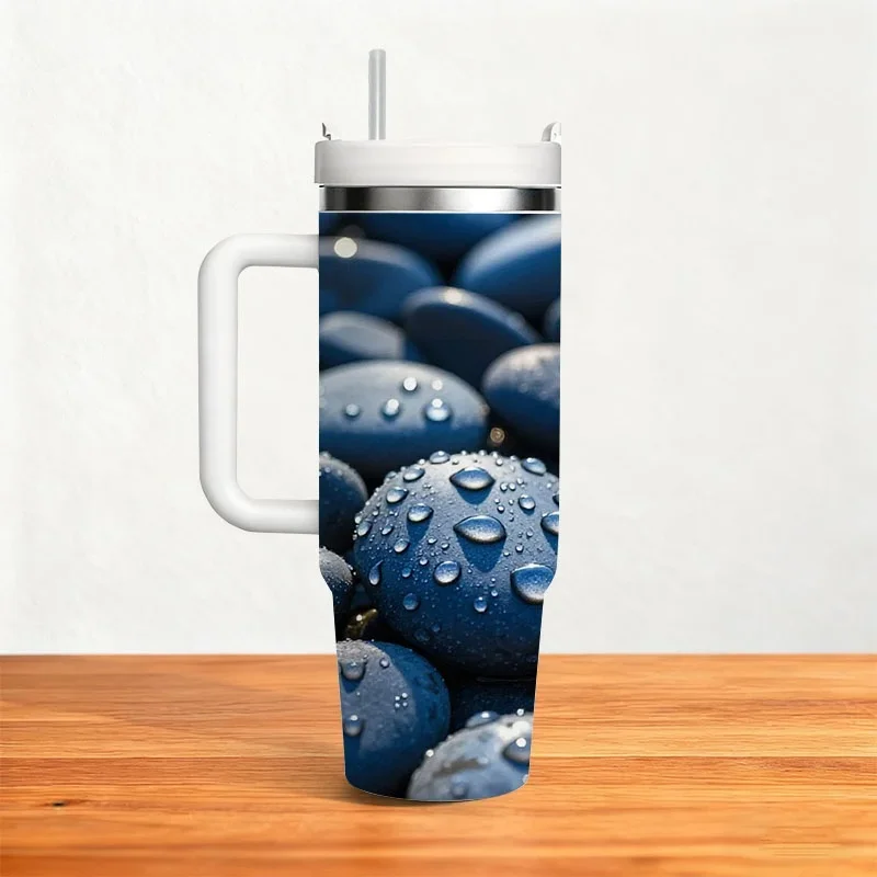 Stainless Steel 40oz Insulated Tumbler, Cool Blue-Gray Pebble Digital Print with Glistening Water Droplets Design, Reusable Thermal Cup for Keeping Drinks Hot or Cold, Ideal for Daily Commute, Office and Outdoor Use