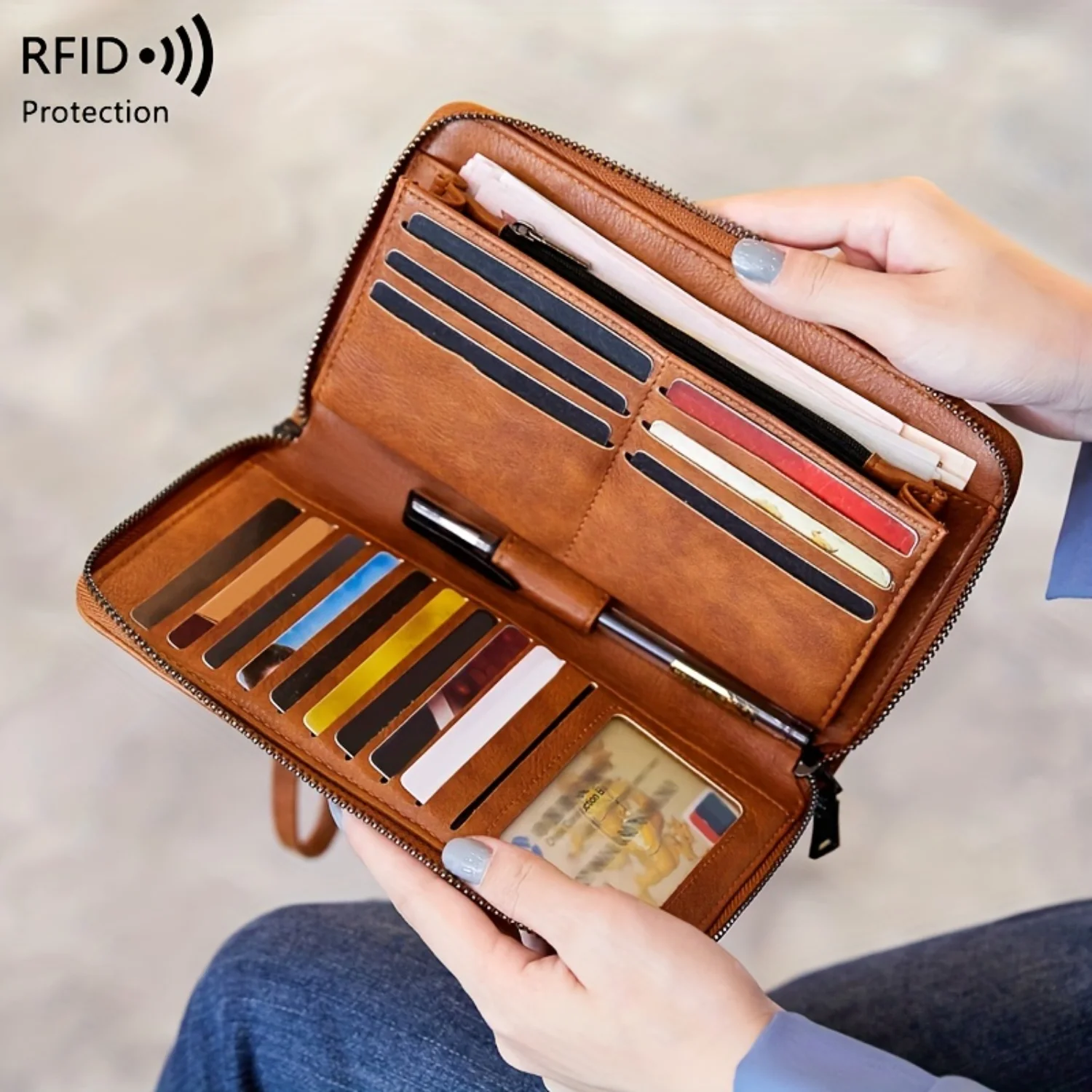 

Fashionable Long Wallet with Lanyard, Women's Zip Around Wallet with Card Slots & ID Window