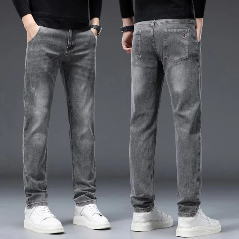 

Men Stretch Straight Leg Slim Fit Jeans Male Classic Business Daily Solid Color Denim Pants Retro Blue Embroidered Trousers