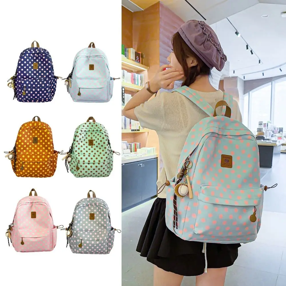 Cute Sweet Polka Dot Backpack Multicolored Minimalist Lace Trim Rucksack Multiple Pockets Durable Student School Bag Daily