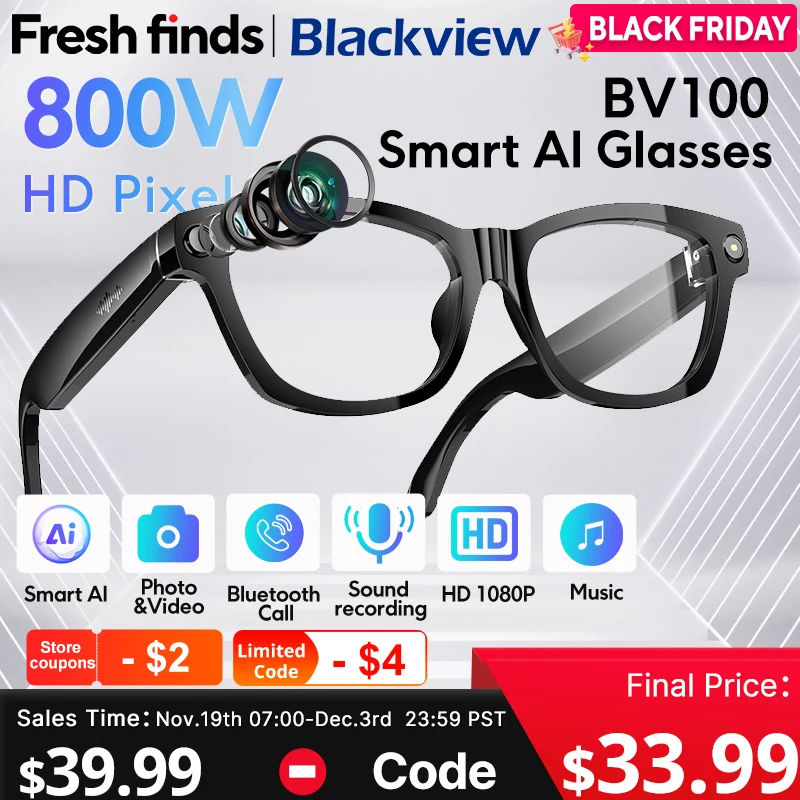 НОВЫЕ очки для стрельбы Blackview BV100 AI, 2K HD, 800 Вт, пиксельная камера, Bluetooth-вызов, голосовой помощник, умные очки