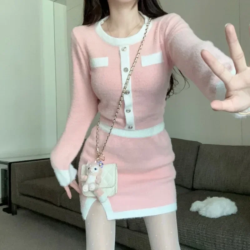 Fashion Pink Two Piece Sweater for Women Sexy Single Breasted Color Blocked Fuzzy Cardigan and Skirt Sets Sweet Knitted Suits