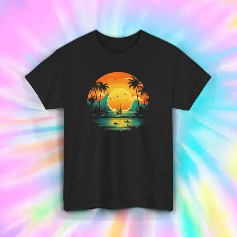 Tropical Sunset Beach T Shirt Palm Trees Vacation Summer Vibes S 5XL