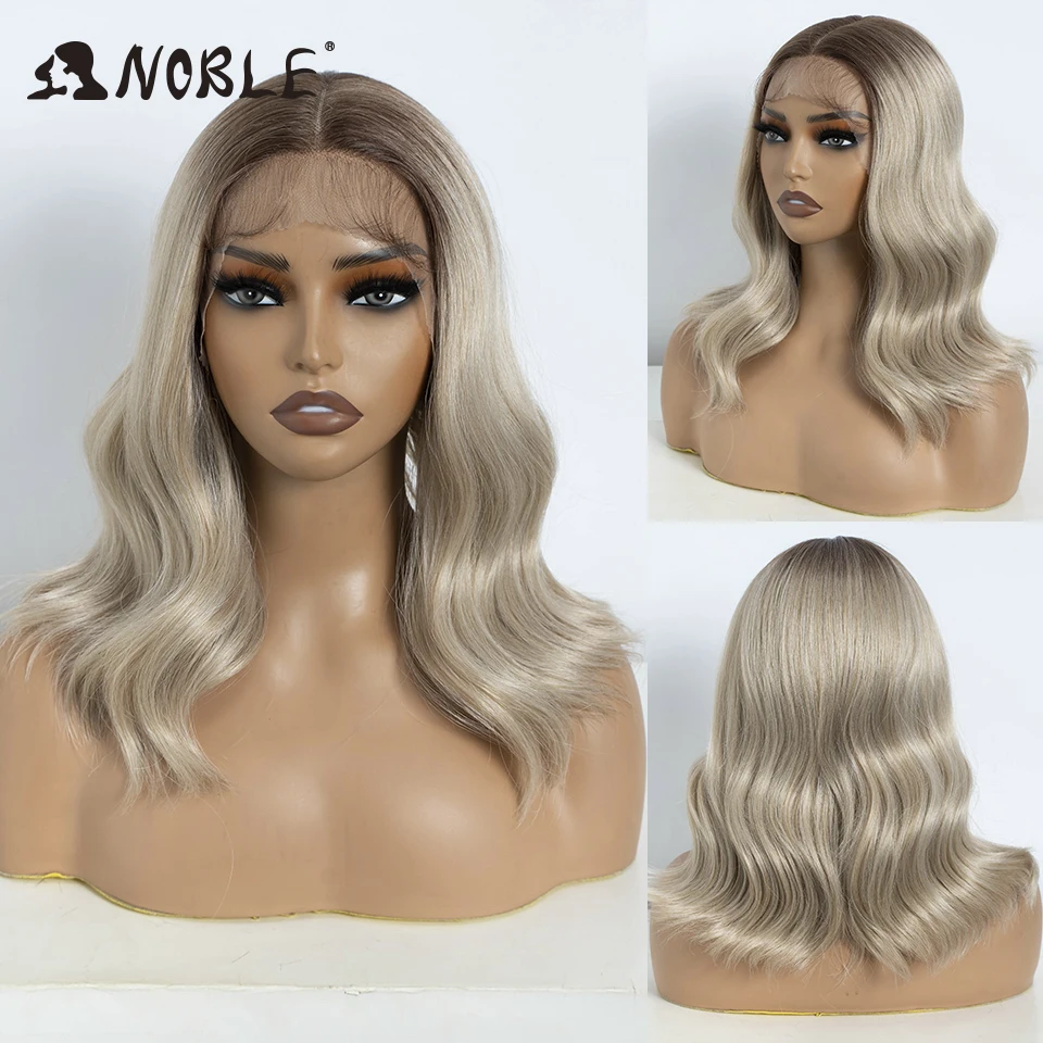 Edle synthetische Lace-Front-Perücke, Body-Wave-Perücke, 14 Zoll, mit Mittelscheitel, Lace-Perücken für Damen, Lace-Front-Perücke, Ombré-Blond, goldene Perücke. – Detail 13