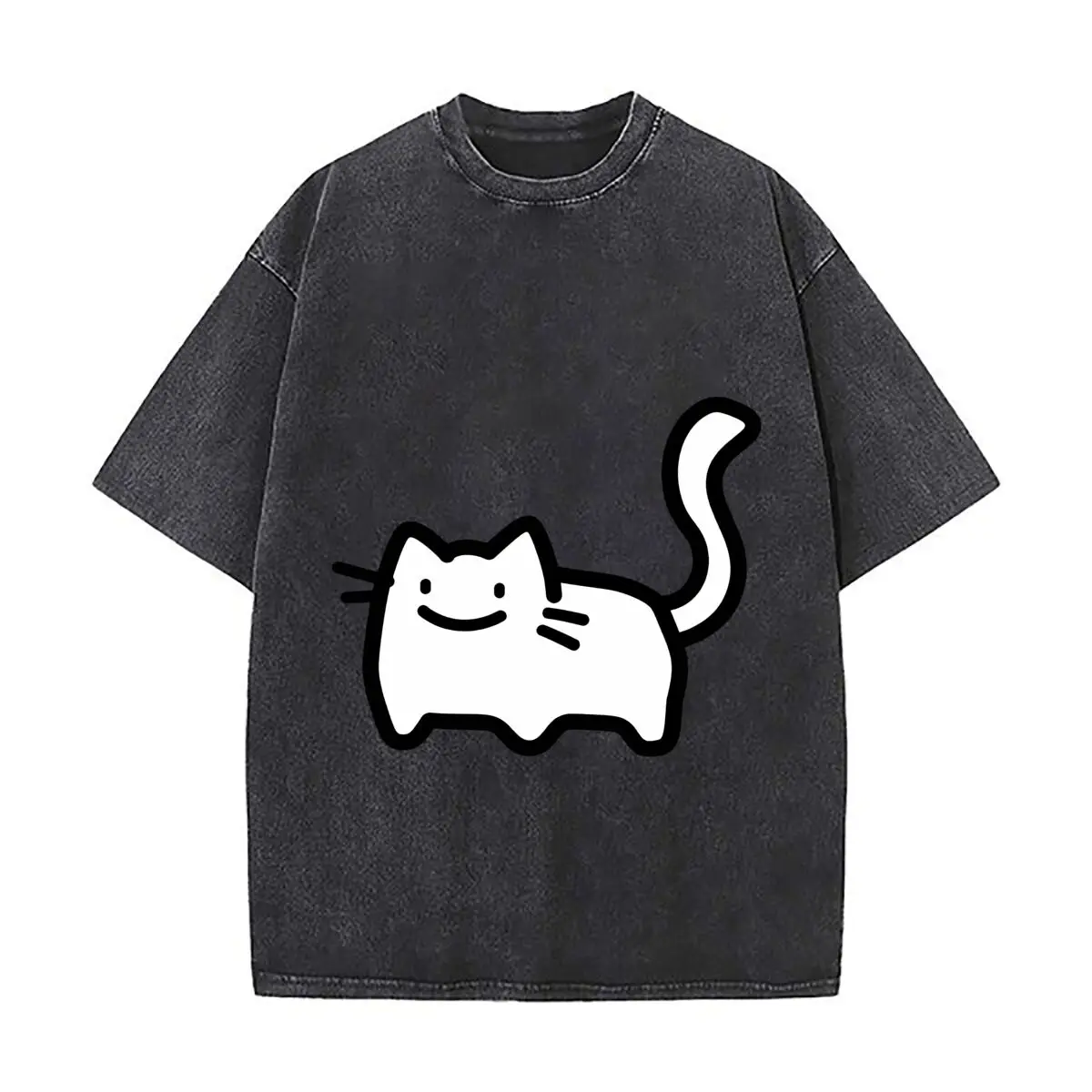 Smiling Cat Cartoon Illustration Cute Feline Outline Washed Short Sleeve Loose Streetwear Tee Hip Hop