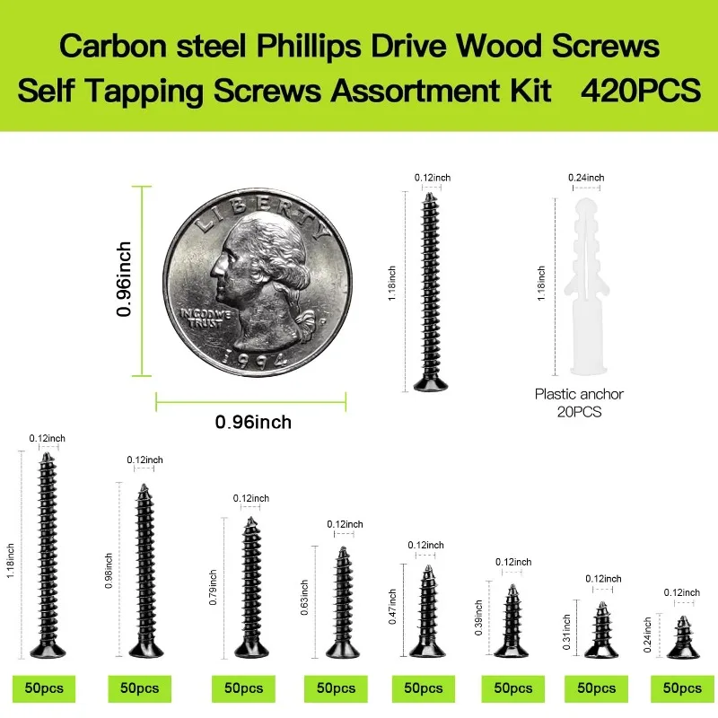 420Pcs Self-Tapping Screws with Anchors Set Flat Head Countersunk Head Carbon Steel Wood Screws Assortment Kit for Woodworking