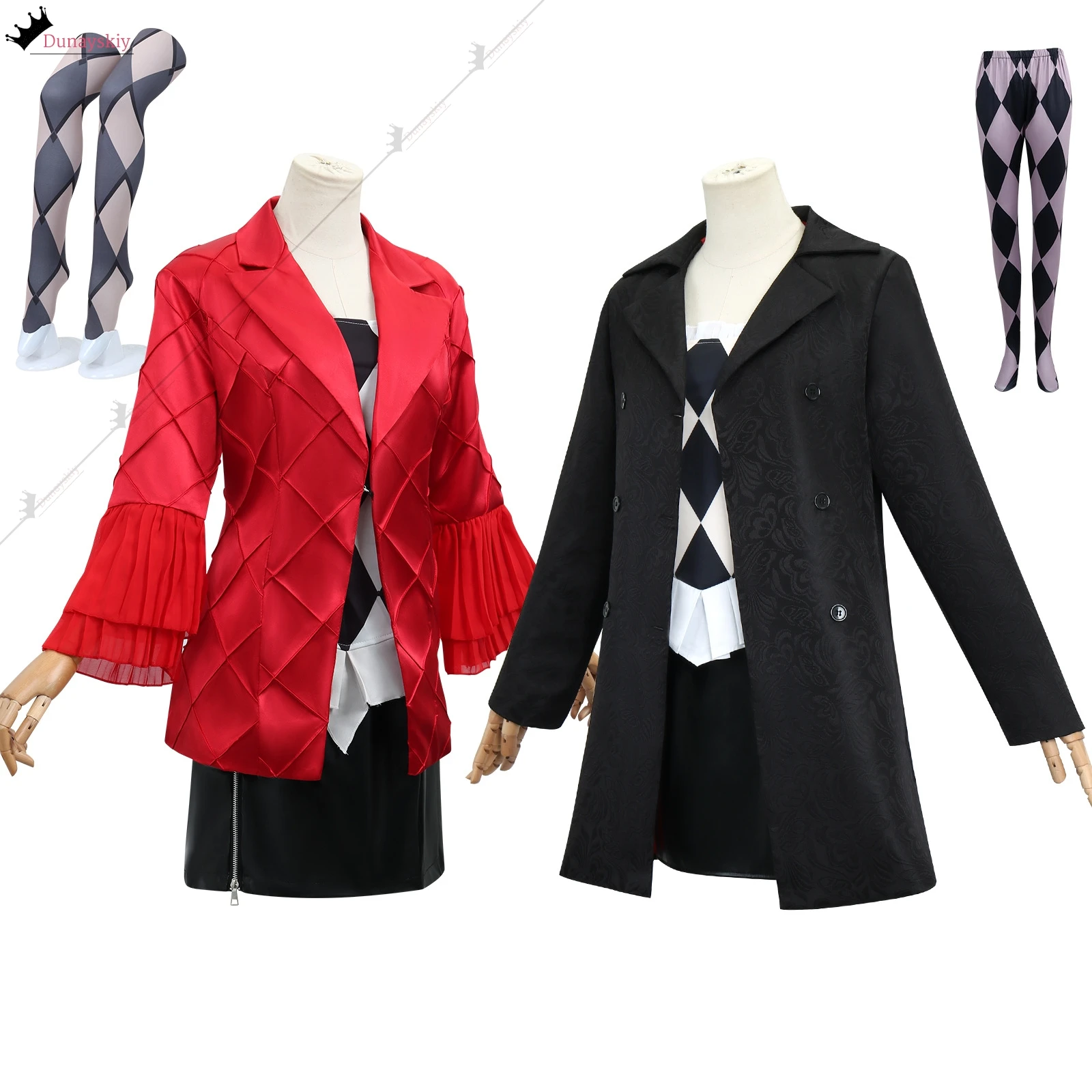 أزياء أنيمي ليدي جوكر النسائية المهرج غاغا التأثيرية سترة سوداء حمراء وتنورة مجموعة نسائية لحفلات الهالوين للنساء البالغات