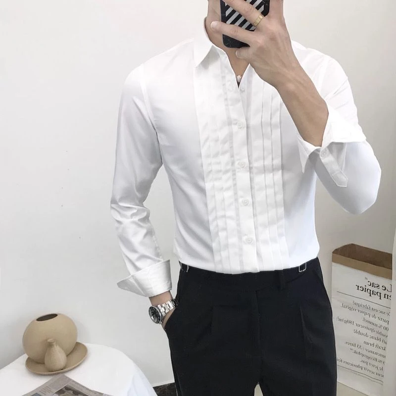 Spring Autumn Solid Color Fashion Long Sleeve Shirt Man High Street Button England Pleated Office All-match Cardigan JJ1299