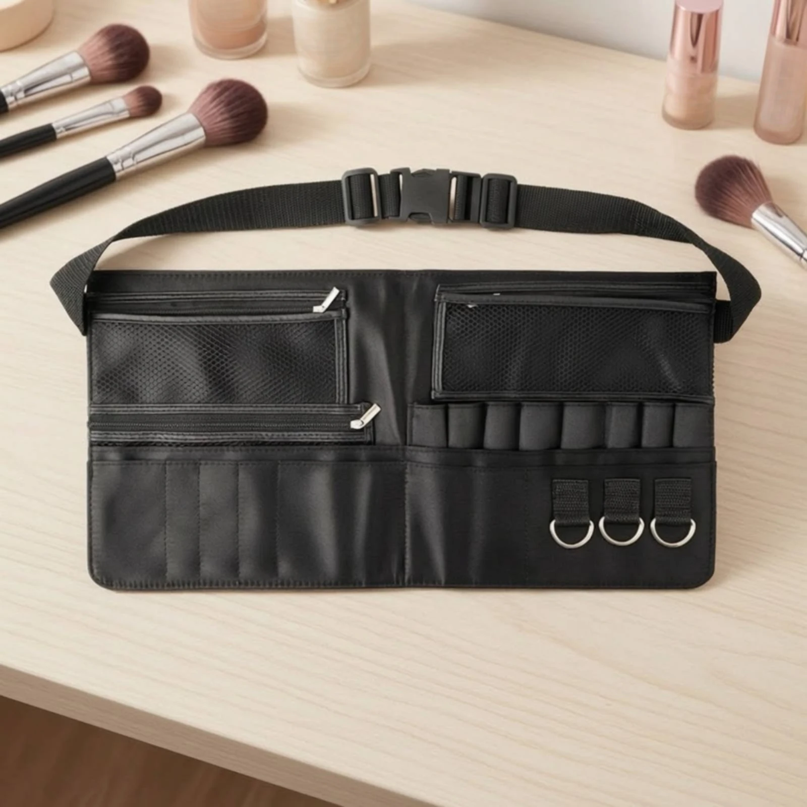 Makeup Brush Belt Bag Multi-Pocket Makeup Brush Belt Apron Lightweight Sturdy for Cosmetologists, Behind-the-Scenes, Travel view 3