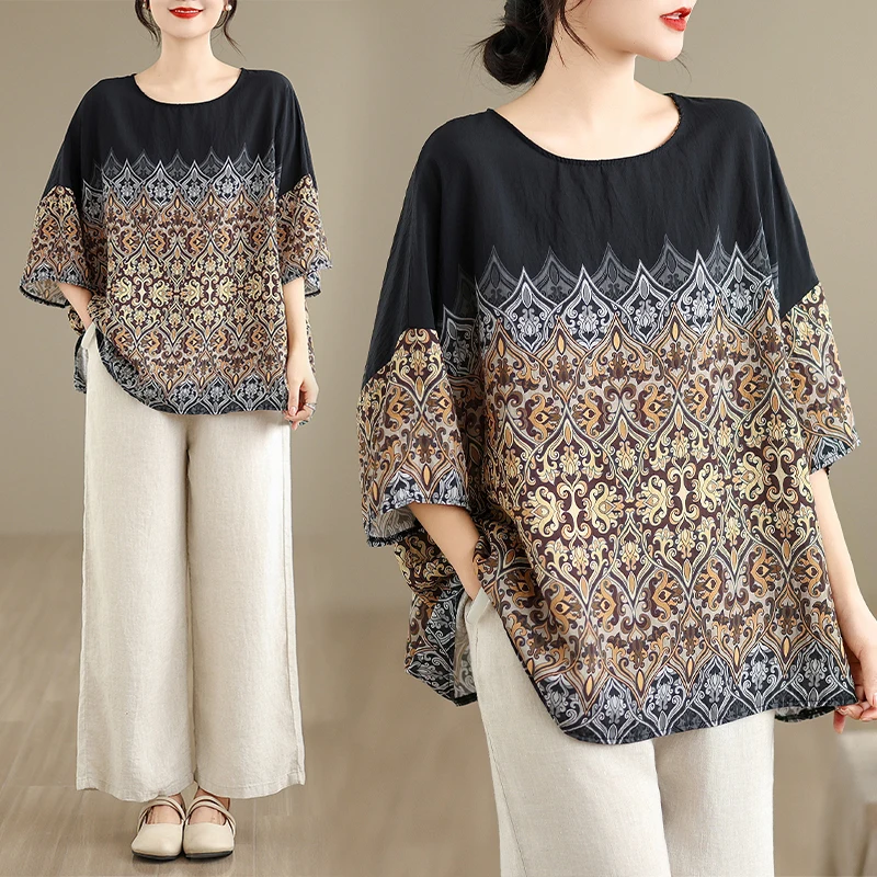 

Spring Summer 2026 New High End Women's Loose round Neck T-Shirt Ethnic Style Base Shirt Brand Large Size Commute Style Artistic