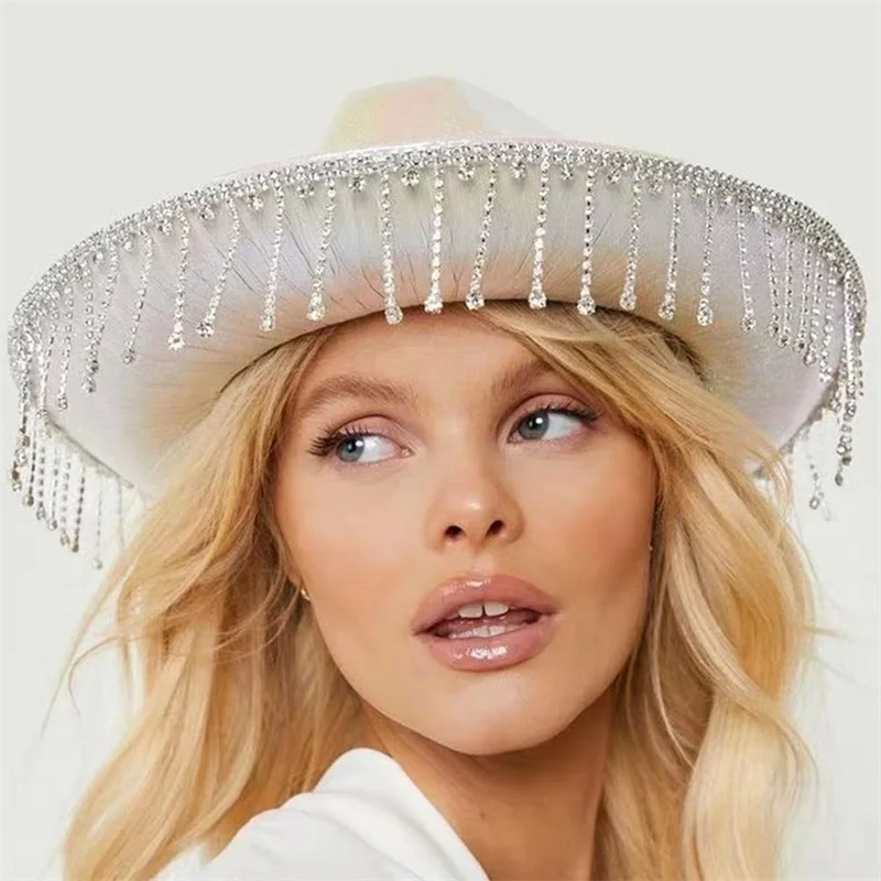 Women Rhinestone Tassel Cowgirl Hat Wide Brim Diamond Glitter Western Hat Cowgirl Cap for Wedding Music Costume Party