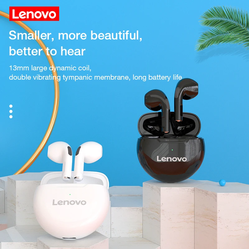 Lenovo Livepods หูฟังบลูทูธ HT38 TWS, หูฟังไร้สายขนาดเล็กพร้อมไมโครโฟนสำหรับ iPhone Xiaomi หูฟังกีฬากันน้ำ9D