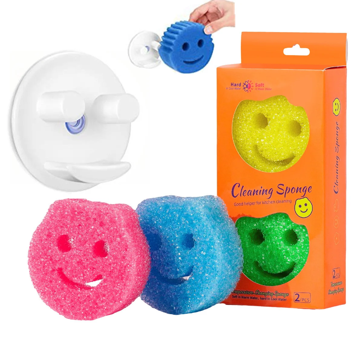 7pcs Smiley Face Temperature-Changing Cleaning Sponges，Colorful Kitchen Dishwashing Tools for Summer Grease Removal Cleaning