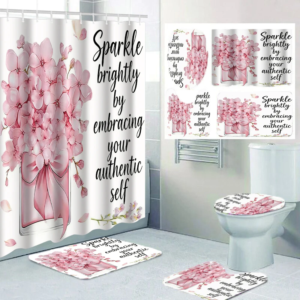 

Набор для душа 4/1: розовая занавеска, декор для унитаза, коврик и накладка на крышку унитаза, размер 70.8x70.8 дюймов