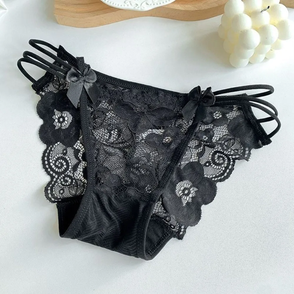 

Lingerie Bow Lace Flower Panties Seamless Low Waist Lace Mesh Briefs Hollow Transparent Women Underwear Gifts