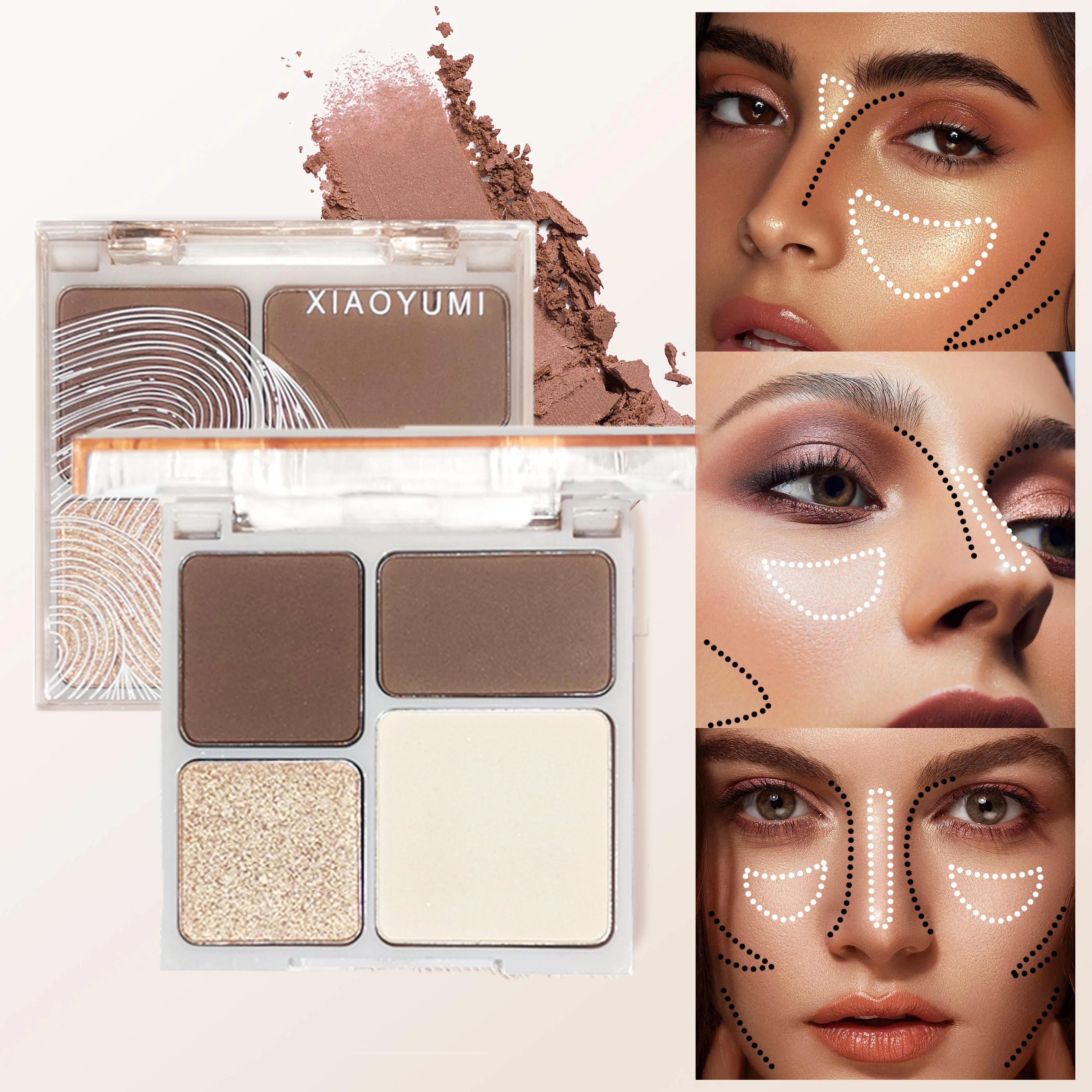 Four-color Highlighter Powder Palette,Shimmer Brighten Face,Contouring Highlight Champagne Gold Bronzer Makeup