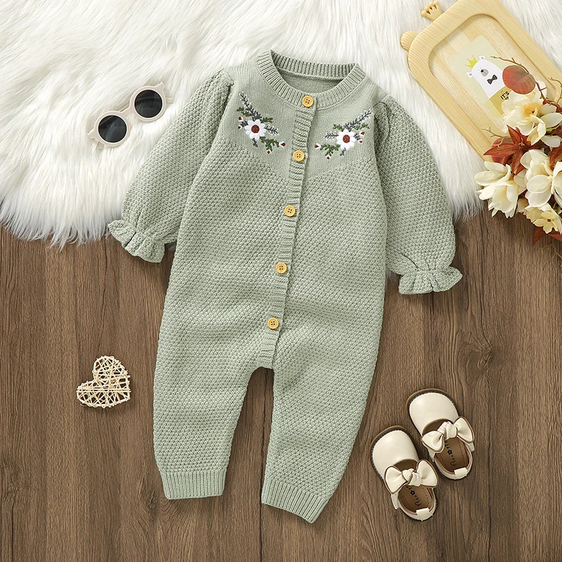 Autumn Winter Newborn Baby Rompers Knitted Green Floral Embroideried Infant Boys Girls Full Sleeves Jumpsuits Playsuit One Piece