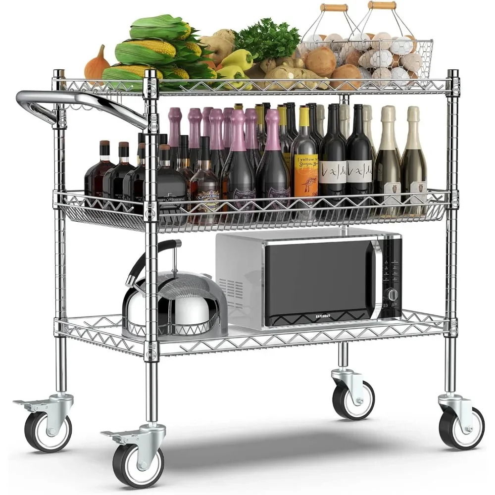 

Storage Rack Trolley, 990 Lb Heavy Duty 3 Tier Rolling Cart with Wheels, Metal Serving Cart with Handles and Shelf Liner