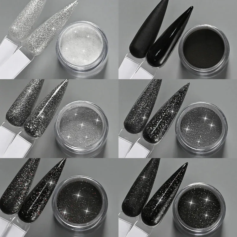 6 قطع لامعة أسود أبيض رمادي بريق الاكريليك مسحوق تراجع مسحوق كاتب كيت الفرنسية مسمار الفن مانيكير صالون لتمديد الأظافر