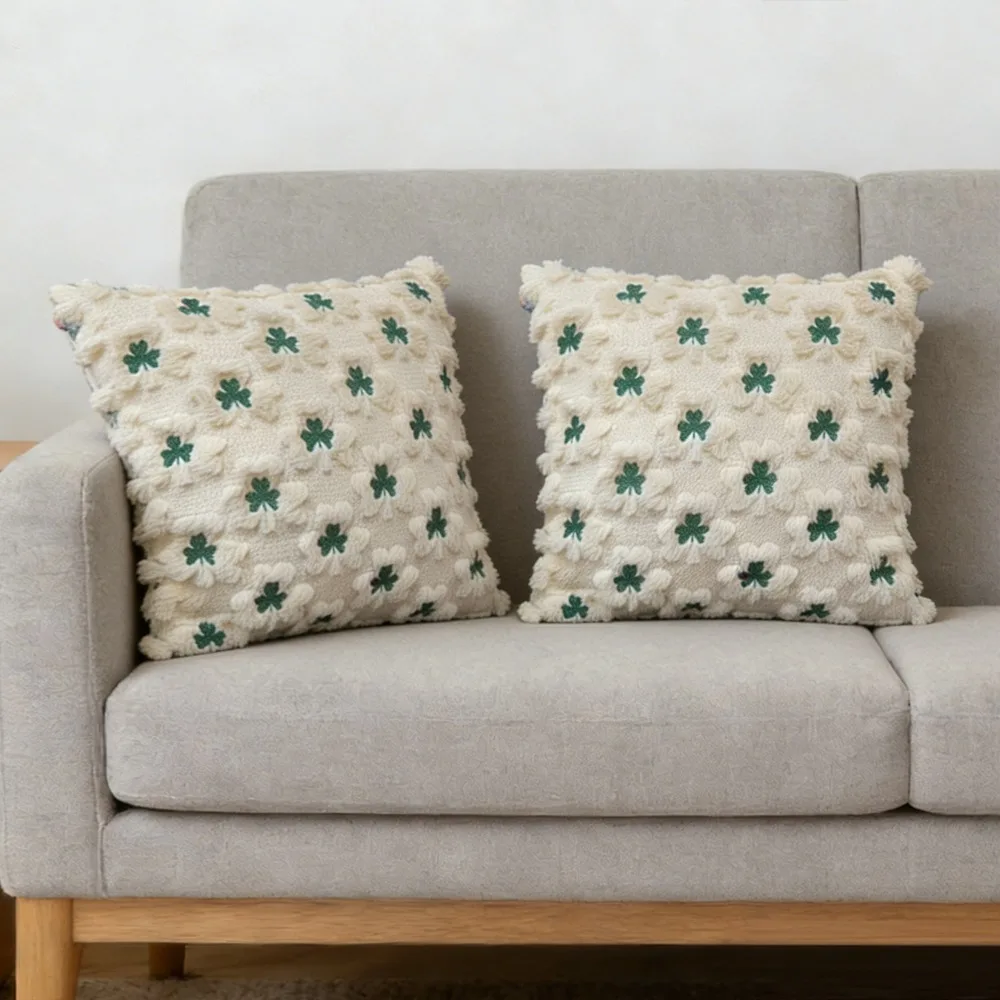 Practical Tufted St. Patrick'S Day Cushion Cover Embroidery Square Lucky Clover Pillowcase Zipped Throw Pillow Cover Holiday