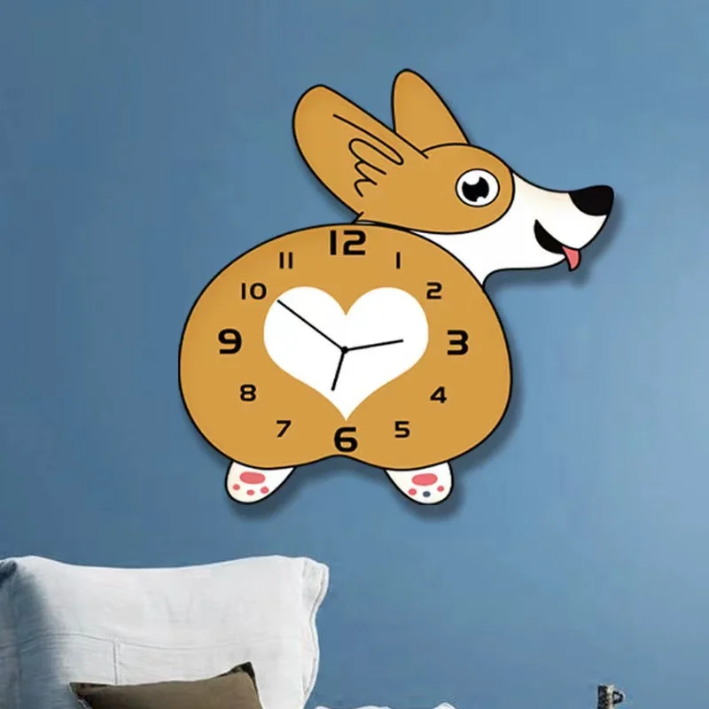 

Mute wall clock living room bedroom clock cute little corgi simple cartoon quartz clock clock European creative home wall watch