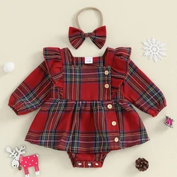 0-18M Christmas Newborn Infant Baby Girls Rompers Long Sleeve Plaid Print Jumpsuit Headband Xmas Outfits Clothes