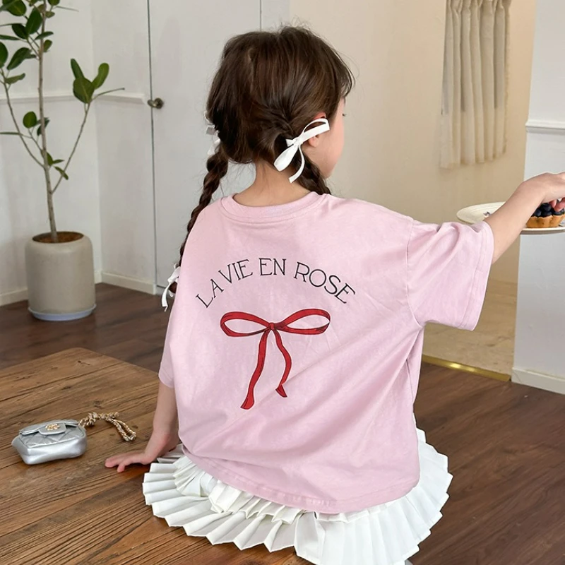Children's Clothing Girl Korean Version Loose Short Sleeved Kids Stylish Design Girls Back Bow T-shirt Top