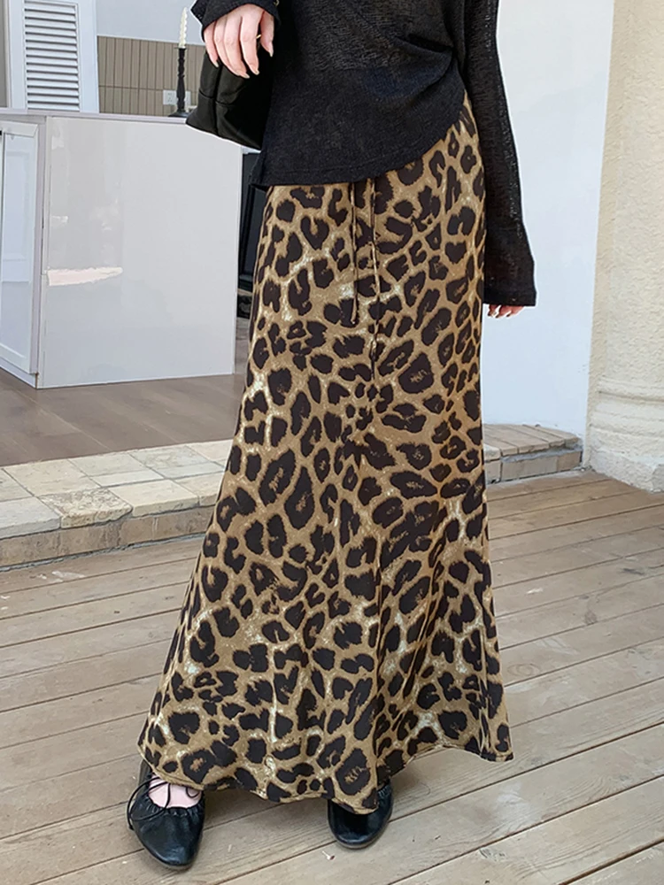 

Zoki Sexy Slim Leopard Long Skirts Women High Waist Retro Streetwear Y2K Skirt Fall Casual Harajuku American Vintage Long Skirt