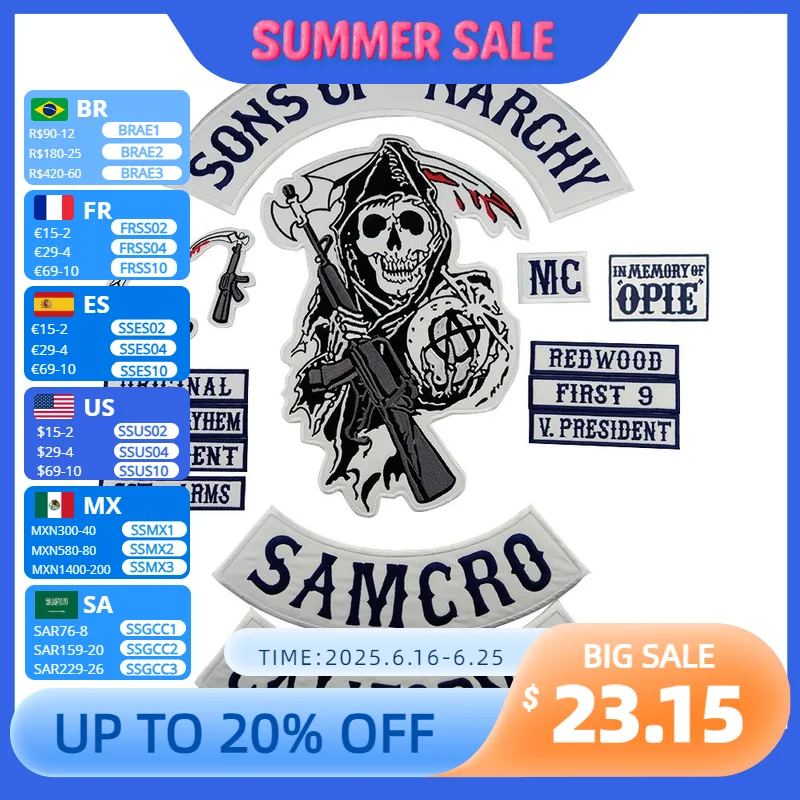 

Мотоциклетная нашивка Sons of нашивка анархия SOA, Байкерский вышитый значок для одежды, куртки, большого размера, эмблема в стиле панк и рок