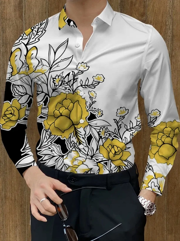 New Men's Long Sleeve Shirt Fashion Western Horse Casual Versatile Fashion 3D Flower Printed Summer Top