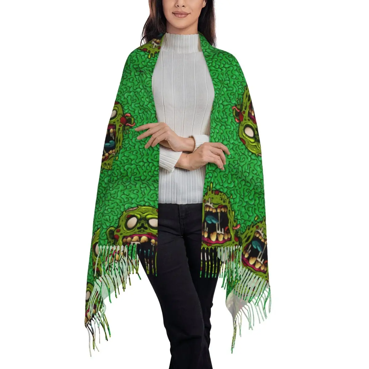 Ghost Skull Print Luminous Horror Night Halloween Scarf Tassel Scarves Women Soft Warm Shawls and Large Fall Winter Shawl Wraps