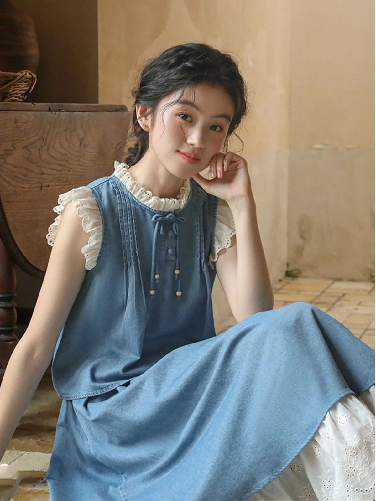 

Новый китайский комплект джинсовой юбки на пуговицах с кружевной отделкой, женский летний комплект из двух предметов Faion Svel, круглый ансамбль Ne